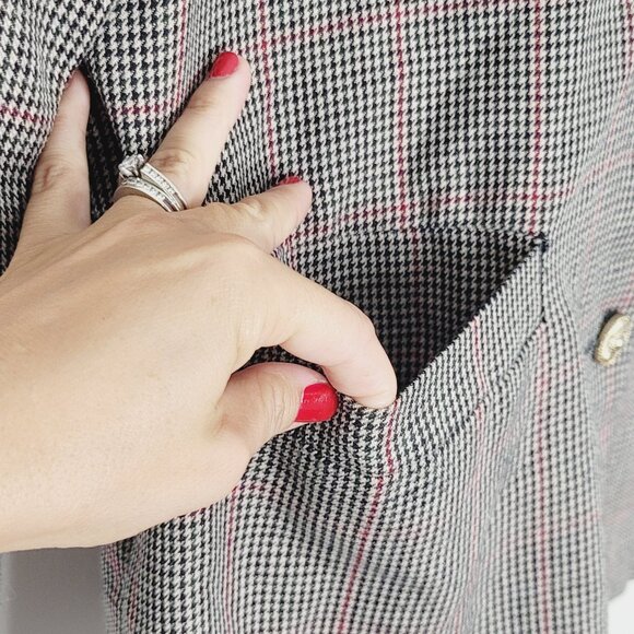 Carroll Reed Women's Vintage Red Tan Black Check V-Neck Button Front Blazer 12 - Picture 3 of 11